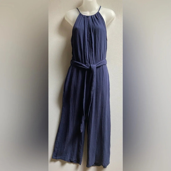 Saks Fifth Avenue cotton navy high neck belted jumpsuit  Sz S - Picture 1 of 11